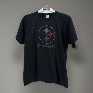 Pittsburgh Steelers Rhinestone T-Shirt Size Large Black Fruit of Loom Bling NFL